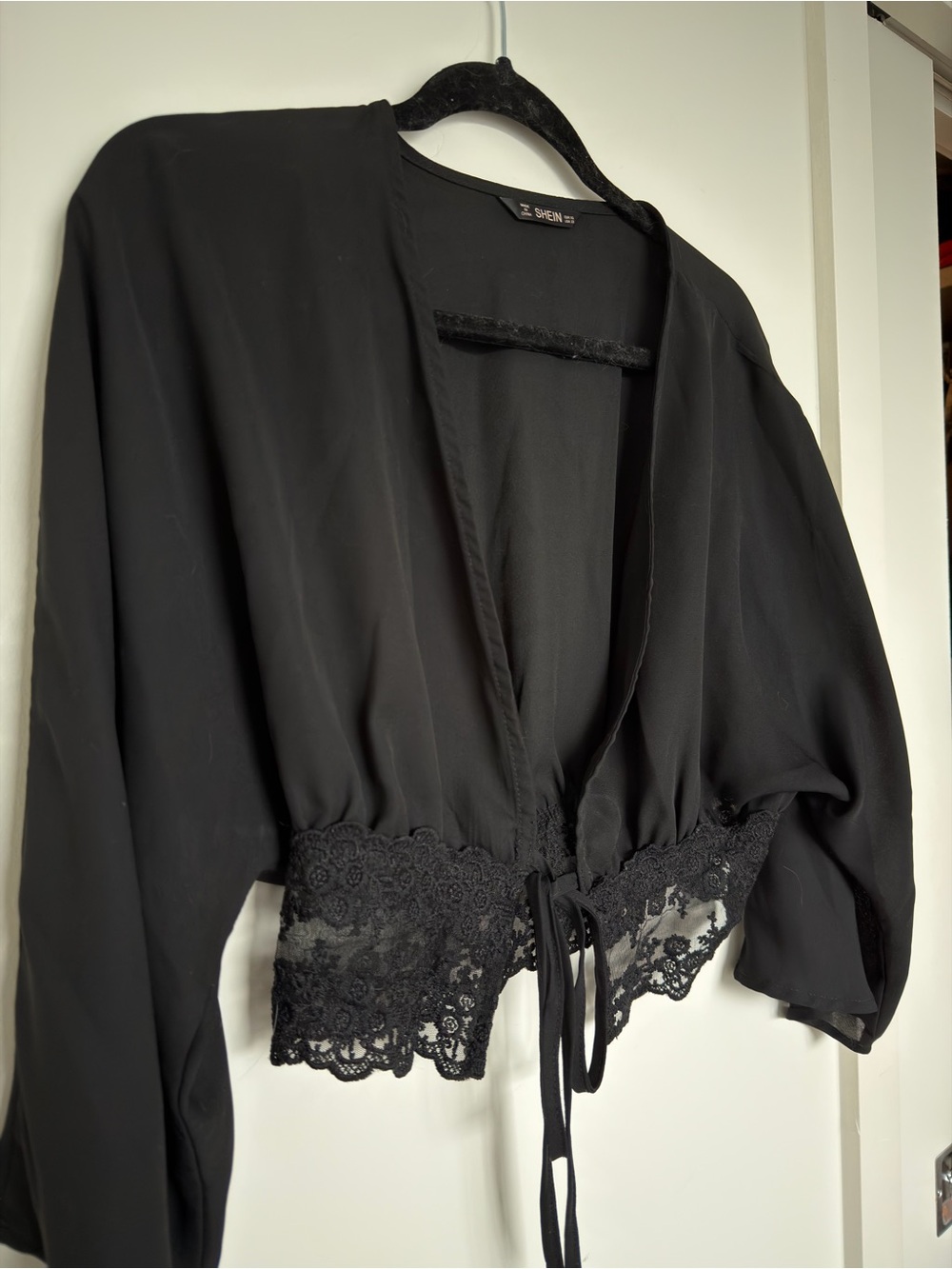 3/$45 Black Lace-Trim Tie Front Kimono - Picture 2 of 2